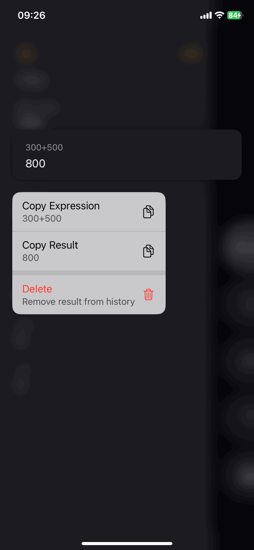 The contextual menu for a calculation in the History panel in Calculator for iOS.