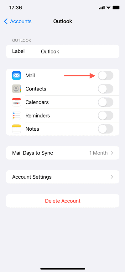 The Mail switch disabled in Outlook account options.