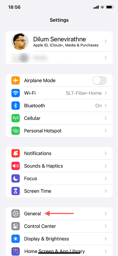 The Settings app on iPhone with the General option highlighted.