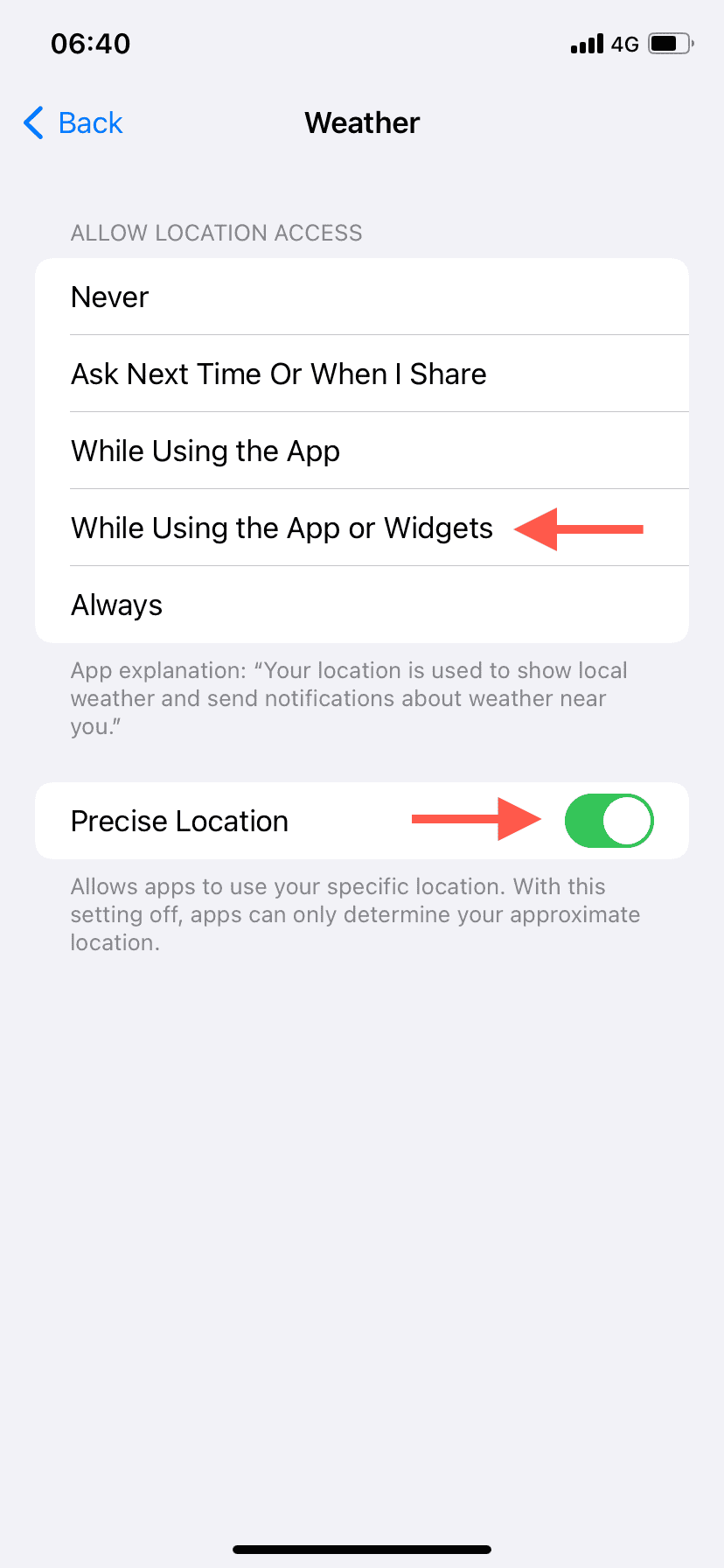 The While Using the App or Widgets and the Precise Location options highlighted in Weather's Location Services.