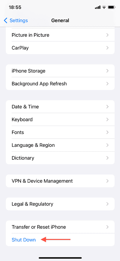 The Shut Down option highlighted in the Settings app's Generla screen.