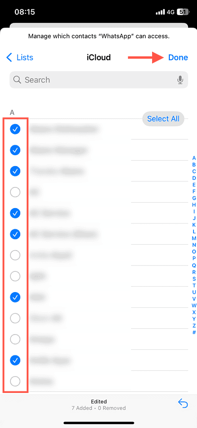 Selecting contacts for an app on iPhone.