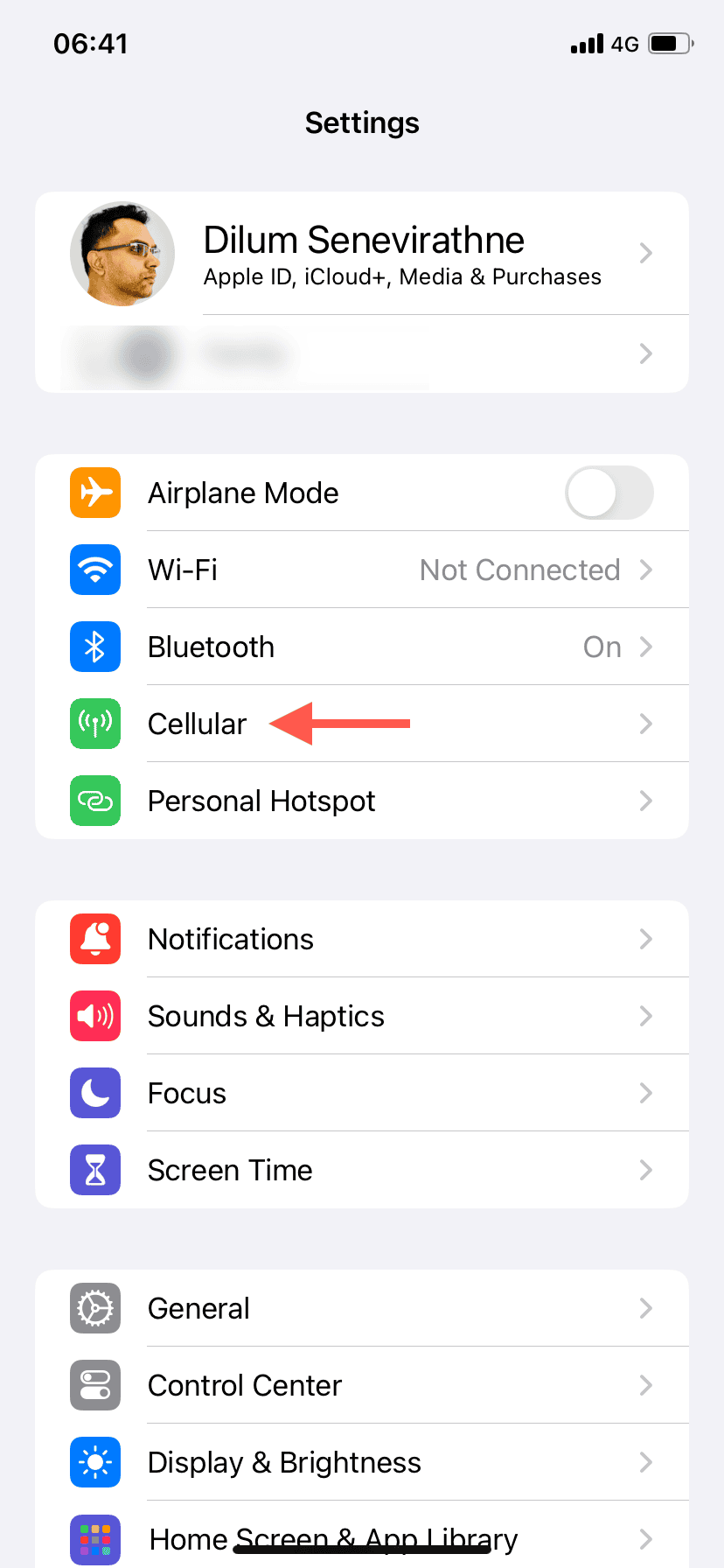 The Cellular option highlighted in the iPhone's Settings app.