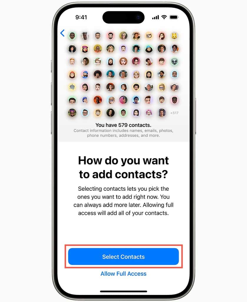 The Select Contacts option highlighted while setting up an app on iPhone.