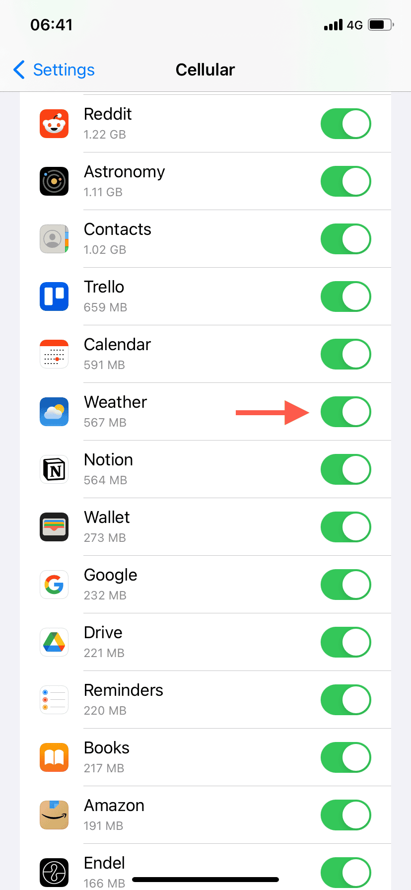 The Weather toggle activated in the Cellular screen on iPhone Settings.