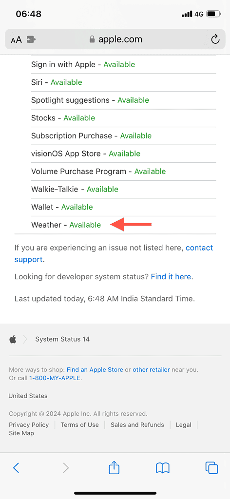 Apple's System Status page with the Weather option highlighted.