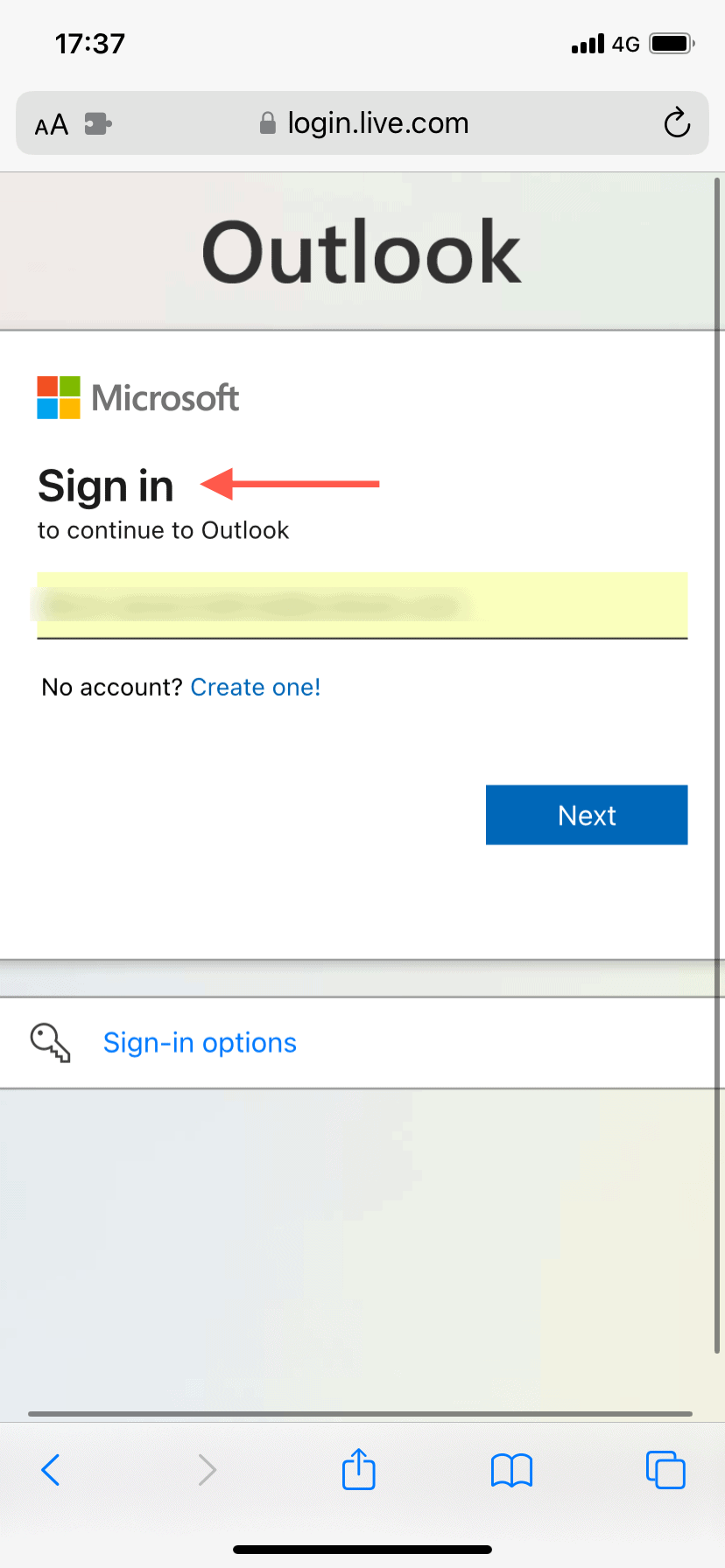 Outlook's login screen on Safari.