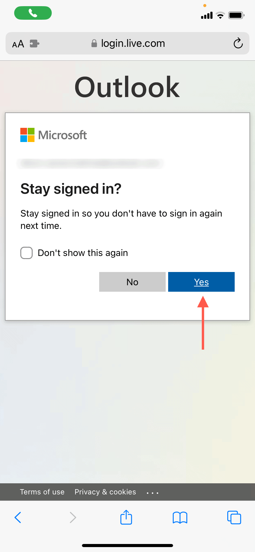 The Yes button highlighted in Outlook's 