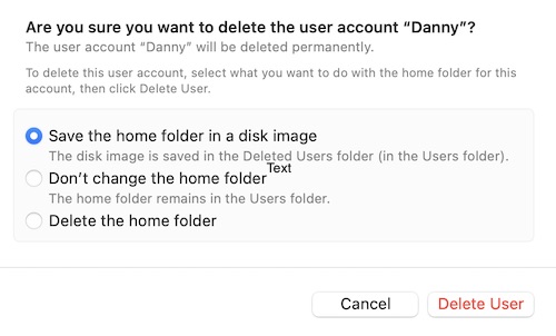 Confirm that you want to delete a user on your Mac