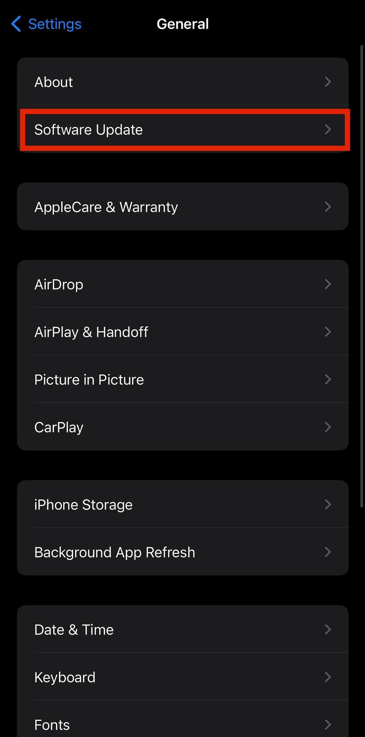 General settings on an iPhone