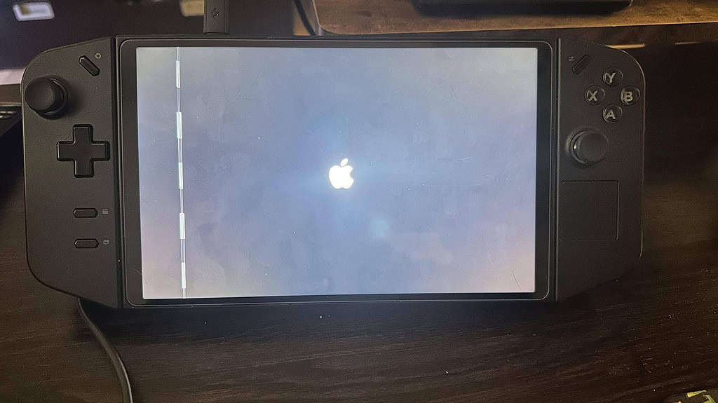 Lenovo Legion Go handheld computer showing a macOS boot screen