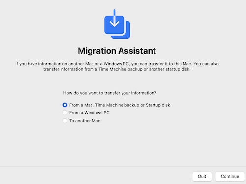 Select Continue in Mac Migration Assistant