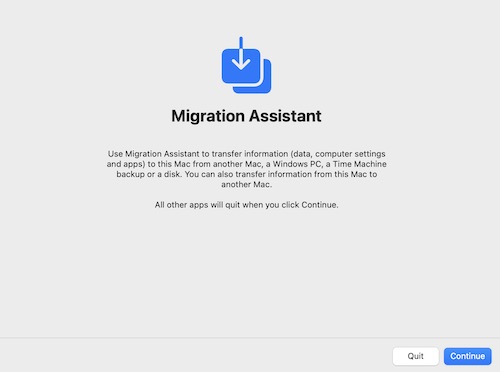 Select Migration Assistant and tap Continue
