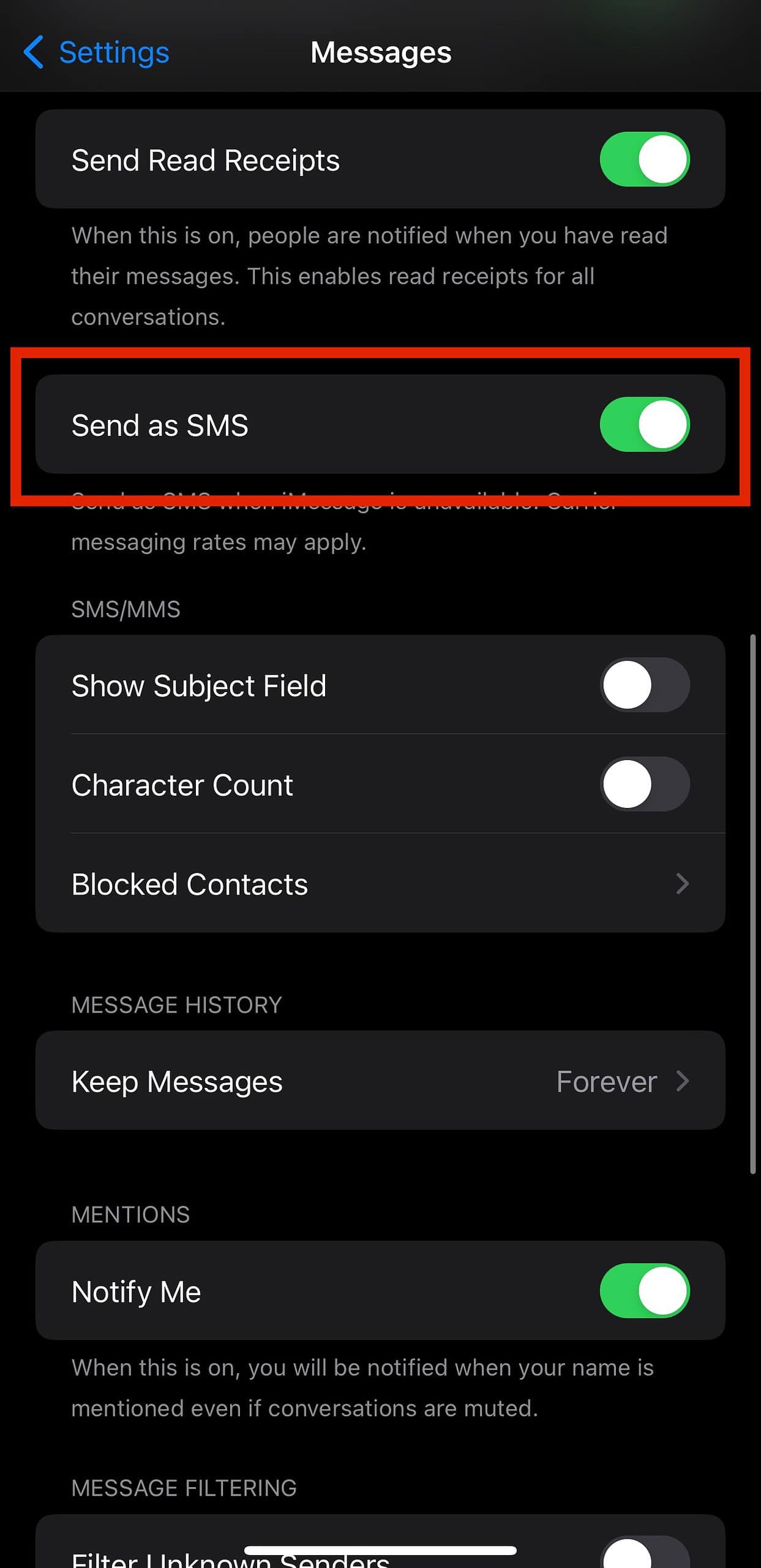 Messages settings on an iPhone
