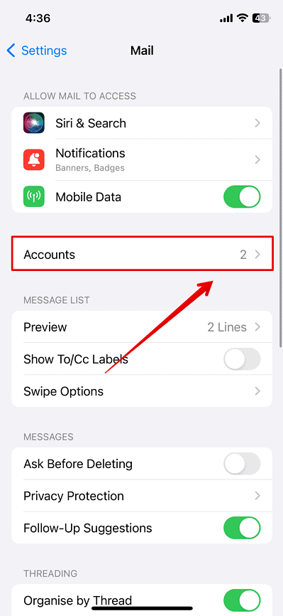 Select Accounts and open it