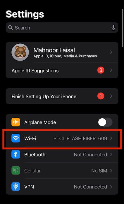 settings app on an iPhone