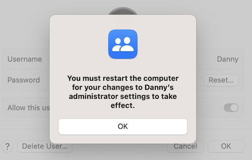 Mac User Admin Window Confirmation