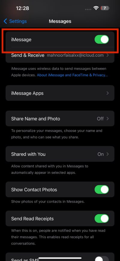 iMessage settings on an iPhone