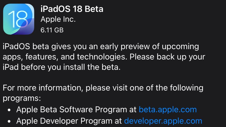 iPadOS 18 Developer Beta available for download at an iPad's Settings app