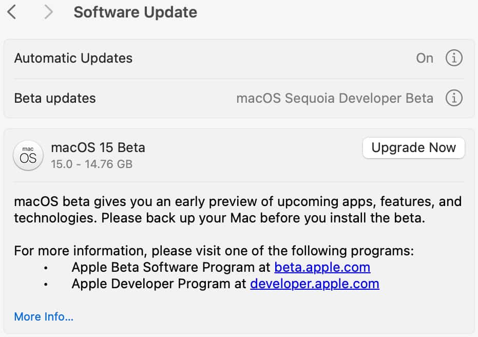 macOS 15 Sequoia Developer Beta update showing in macOS System Settings app