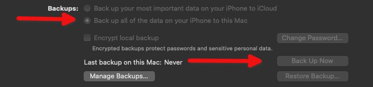 macOS Finder menu to create iPhone backups