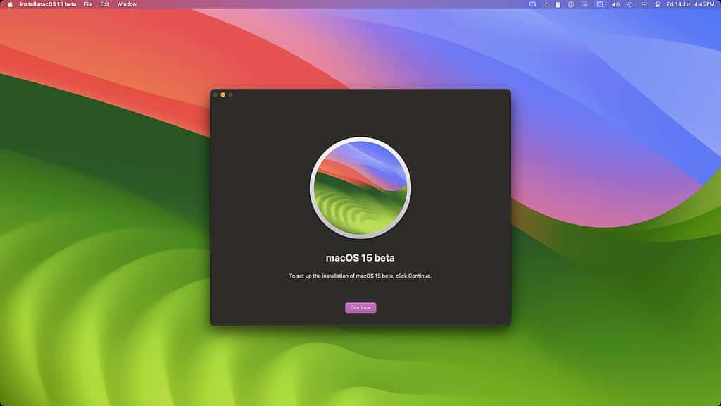 macOS Sonoma Desktop showing the default wallpaper, with the macOS 15 Developer Beta installer opened over it