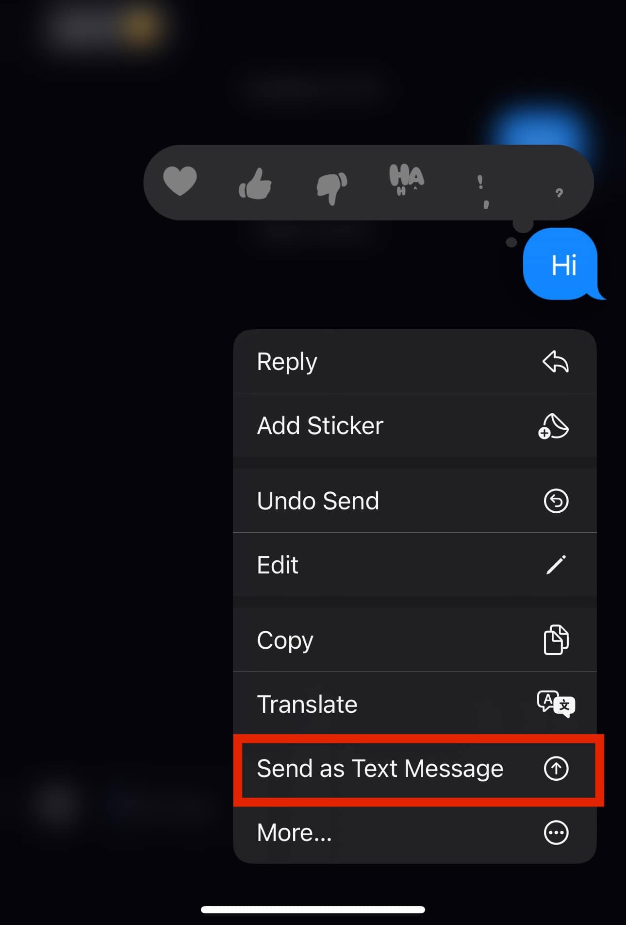 pop-up menu that appears when you send a text message