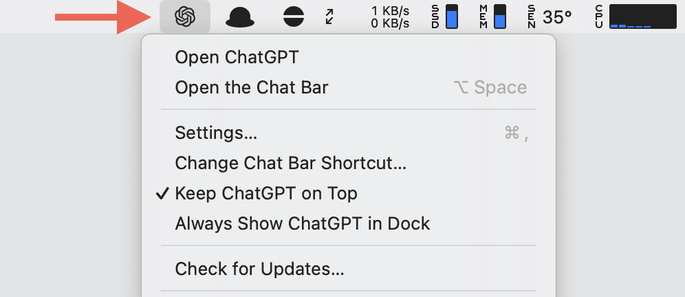 The ChatGPT status icon on the Mac menu bar.
