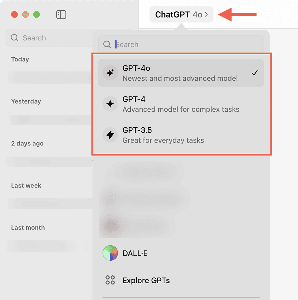 The language model selection menu in ChatGPT for Mac.