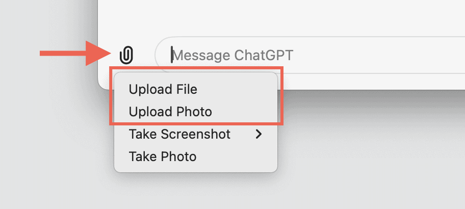 The file and photos upload options in ChatGPT for Mac.