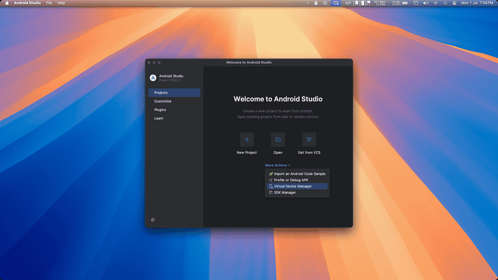 Android Studio Mac emulator installation start page