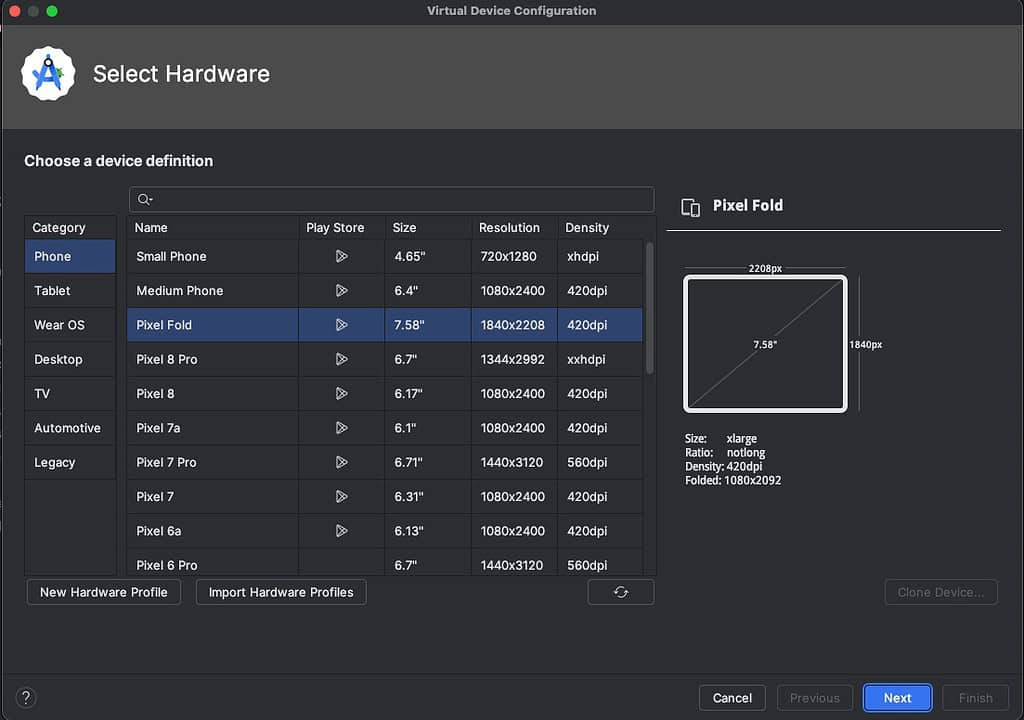 Android Studio Mac emulator installation virtual models list