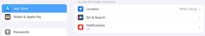 select location settings in app store settings on ipad