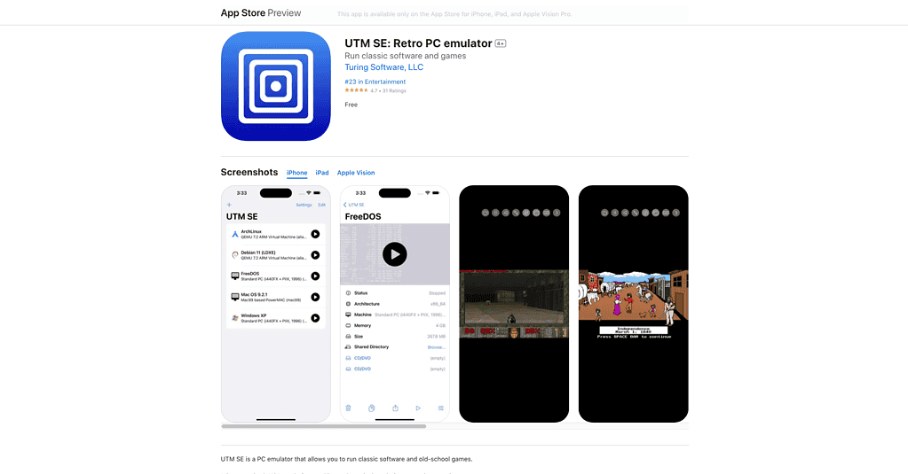 App Store Preview screenshot showing the iOS/iPadOS UTM app page