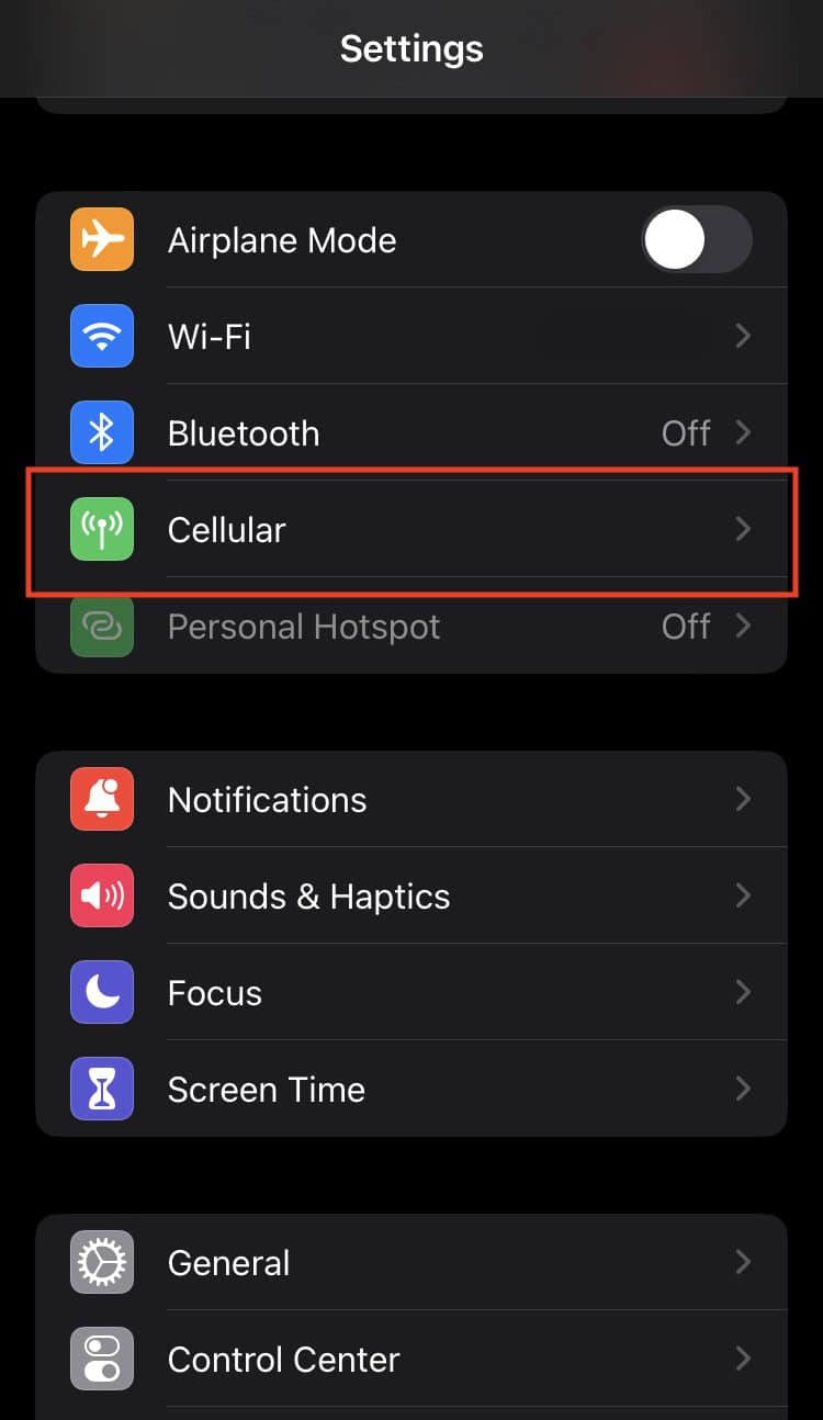 iPhone screenshot how to locate Cellular option