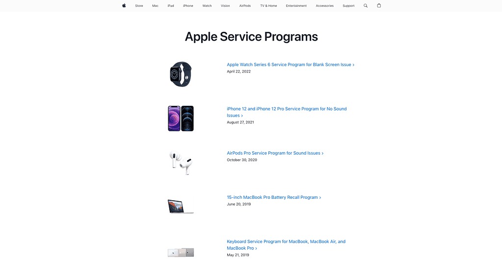 Apple Service Program home page screenshot