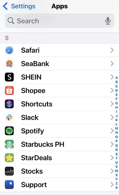 Selecting Apps in iOS Settings