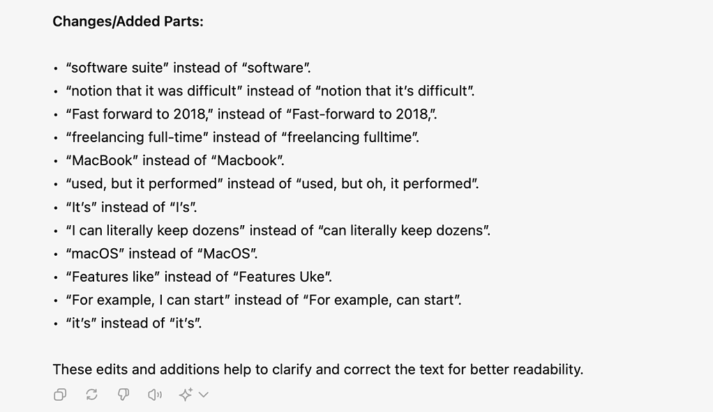 ChatGPT proofreading edits listed