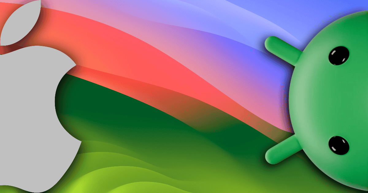 Default macOS Sonoma wallpaper with half of the Apple logo on the left edge and half of the Android logo on the right edge