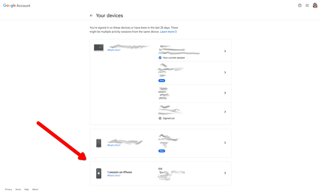 Google account connected devices settings page