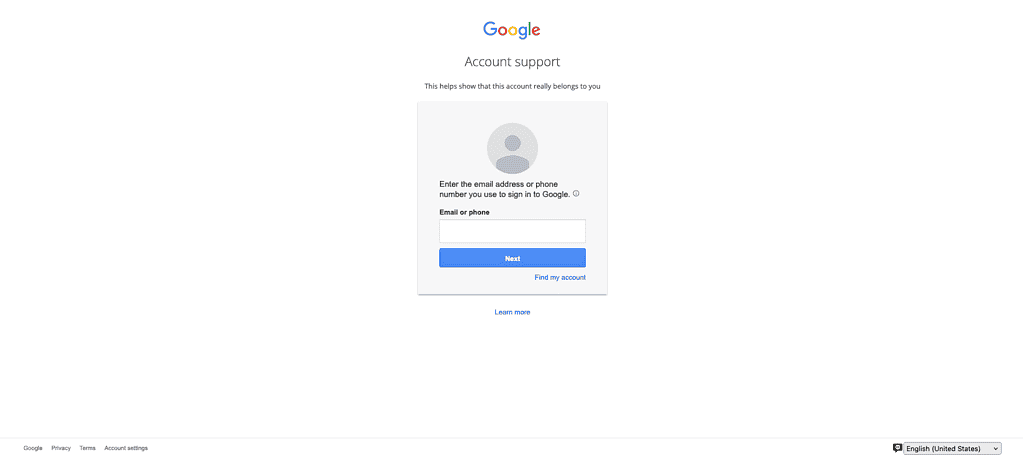 Google account recovery page