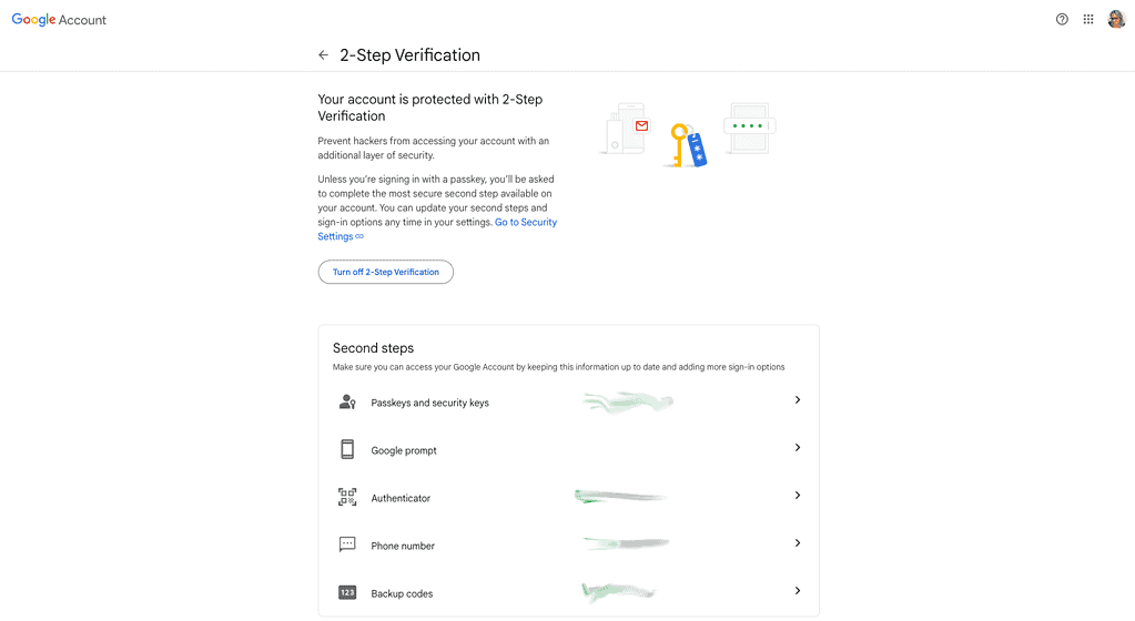 Google account two-factor authentication/2-step verification settings page