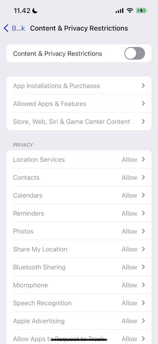 Content and Privacy Restrictions switched off on an iPhone