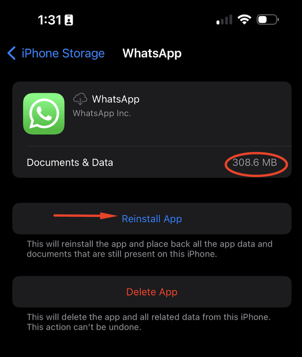 Reinstall WhatsApp after offloading