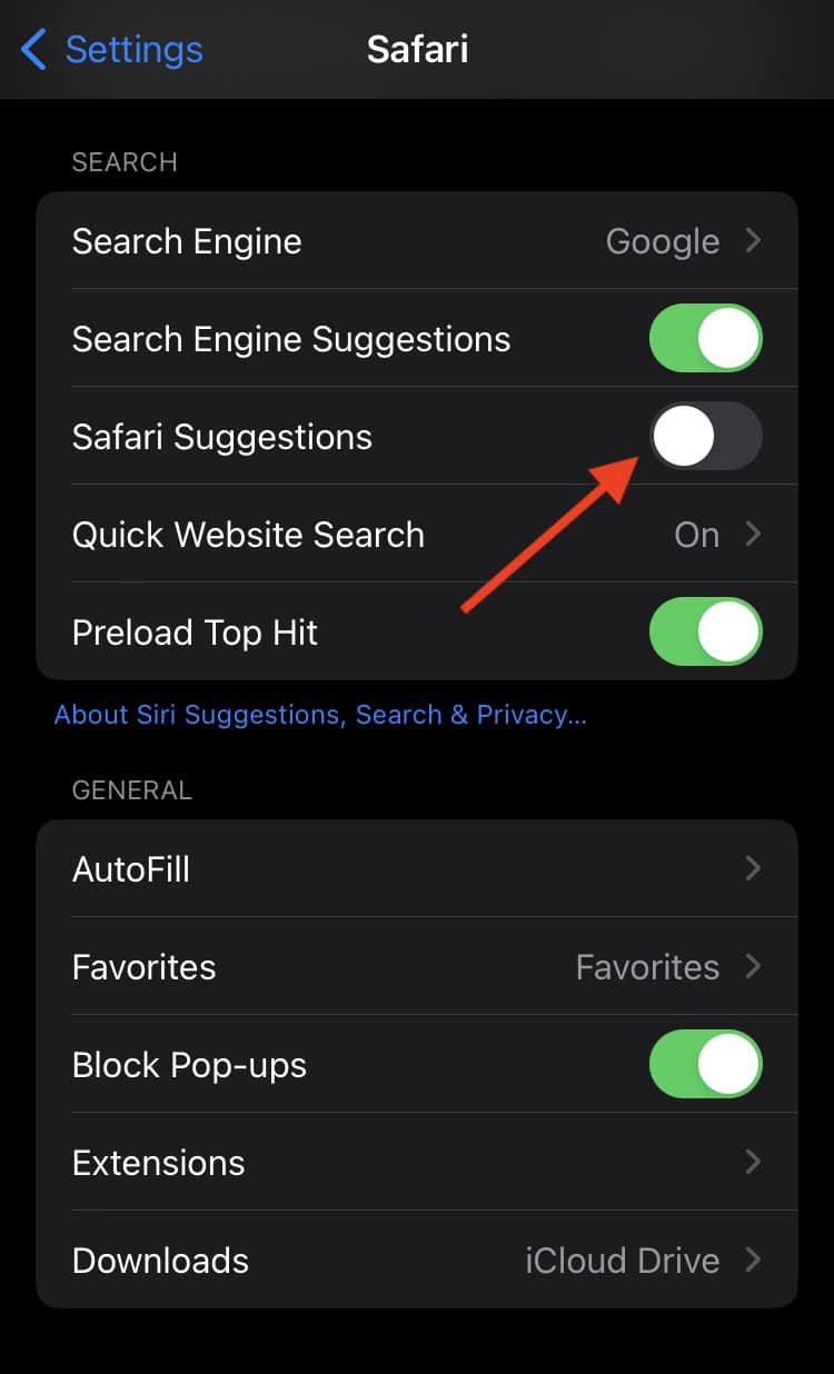 how to turn off Safari Suggestions