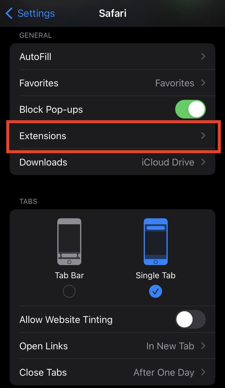 how to turn off Safari Extensions