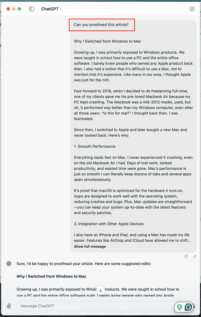 ChatGPT desktop app proofreading sample