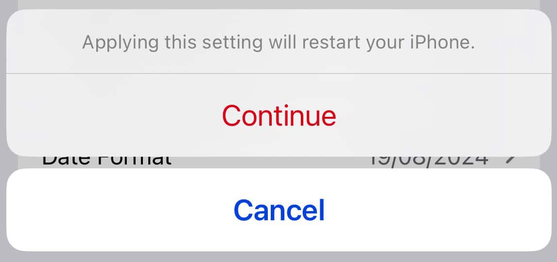 Select Continue in your iPhone Settings 