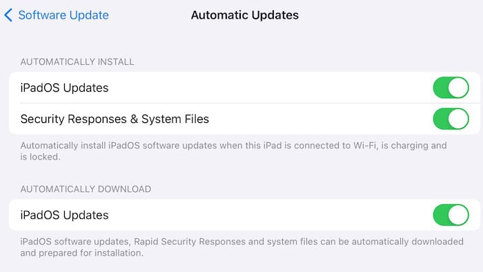 Toggle On Automatic iPadOS Updates 