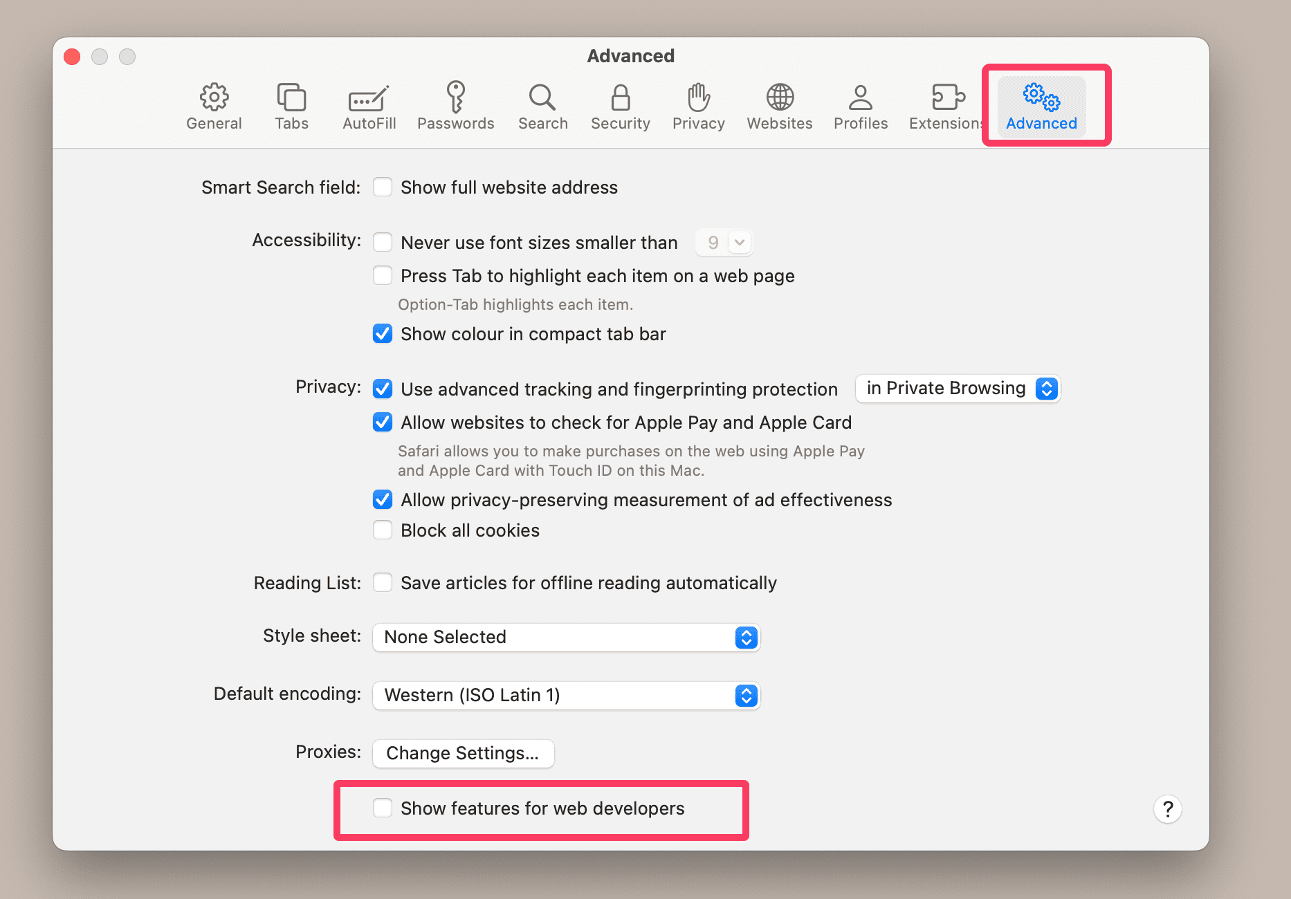 advanced settings safari